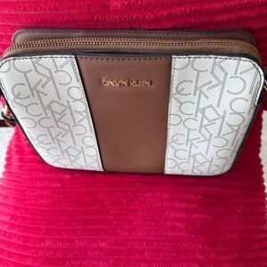 Calvin Klein Logo Patterned Bag in Brown and Cream Crossbody adjustable strap